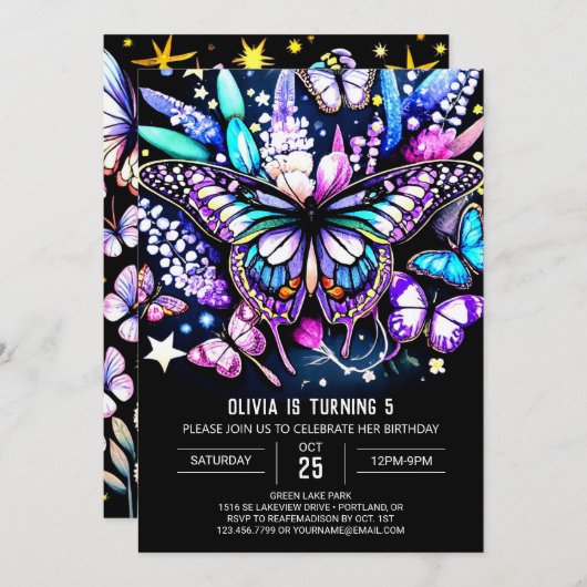繊細な魔法のデジタルバタフライ誕生日 招待状 (正面/裏面)