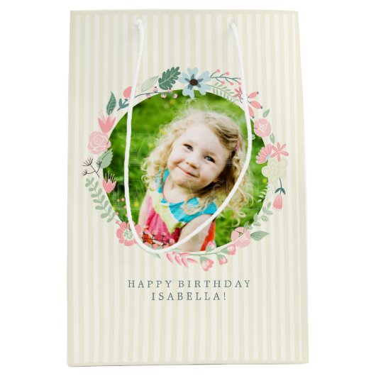 繊細な黄色のストライプフローラの写真フレーム ミディアムペーパーバッグ (正面)