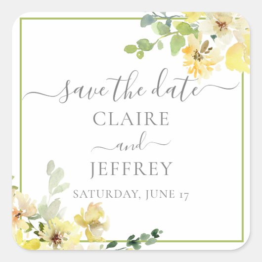 繊細な黄色のフローラセージ緑の日付を保存 スクエアシール (正面)