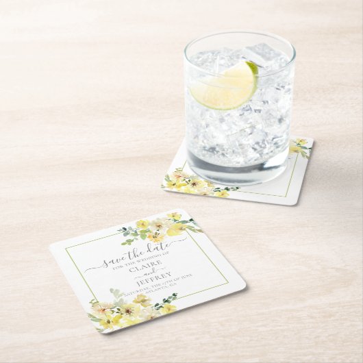 繊細な黄色のフローラセージ緑の日付を保存 スクエアペーパーコースター (インサイチュ)