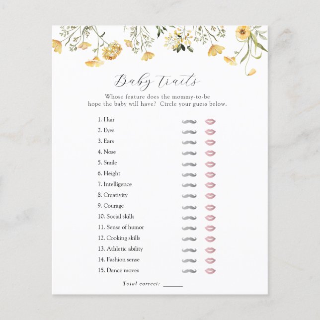 繊細な黄色の野生の花のベビーの特徴シャワーゲーム (正面)