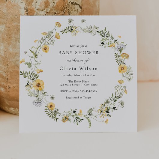 繊細な黄色の野生の花のリース赤ちゃんシャワー 招待状