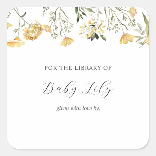 繊細な黄色の野生の花の赤ちゃんシャワー蔵書票 スクエアシール (正面)