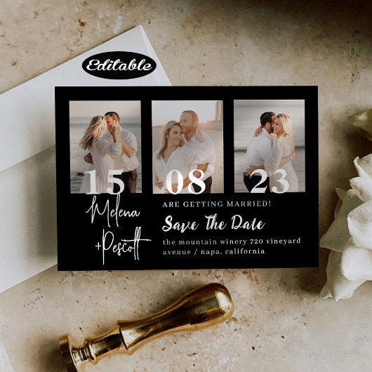 繊細な黒い写真コラージュ日付を保存 招待状