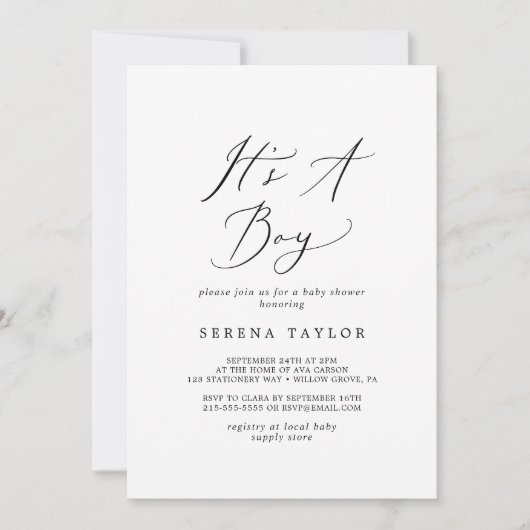繊細な黒い書道それは男の子の赤ちゃんのシャワーだ 招待状 (正面)
