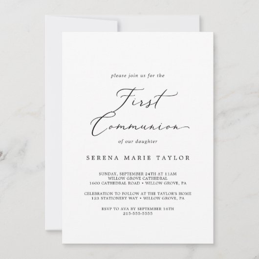 繊細な黒い書道の第一聖餐式 招待状 (正面)