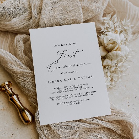 繊細な黒い書道の第一聖餐式 招待状