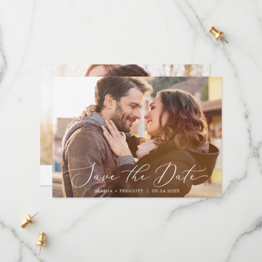 繊細な黒い書道水平ダークフォト セーブザデート (正面/裏面インサイチュ)