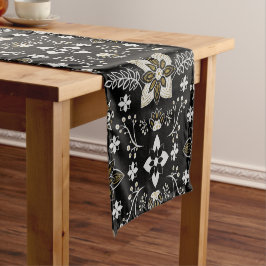 繊細な黒と白の花柄 ショートテーブルランナー