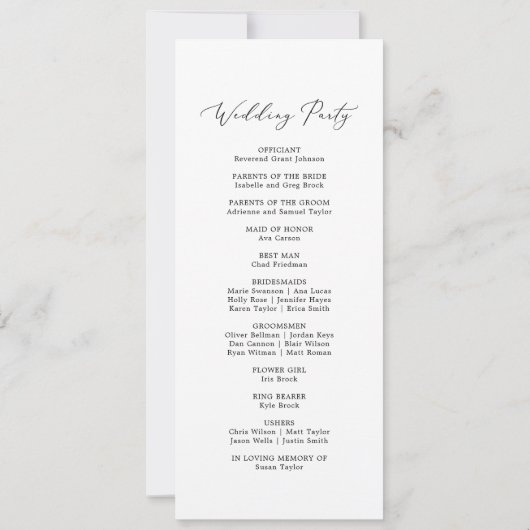 繊細な黒の印刷可能結婚式 プログラム (裏面)