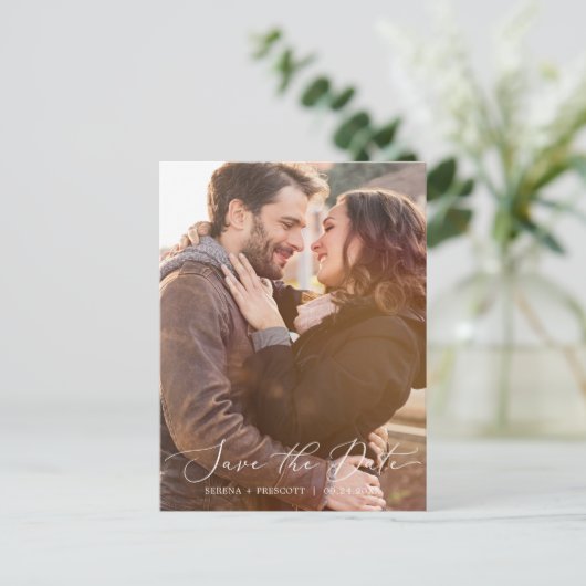 繊細な黒の暗い写真テンプレート日付を保存 インビテーションポストカード (スタンド正面)