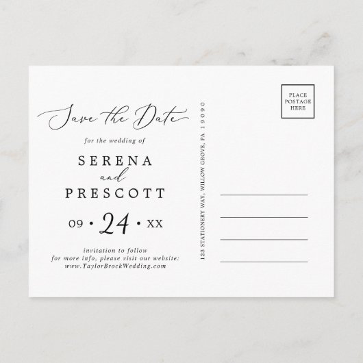 繊細な黒の水平ポストカードを保存 インビテーションポストカード (裏面)