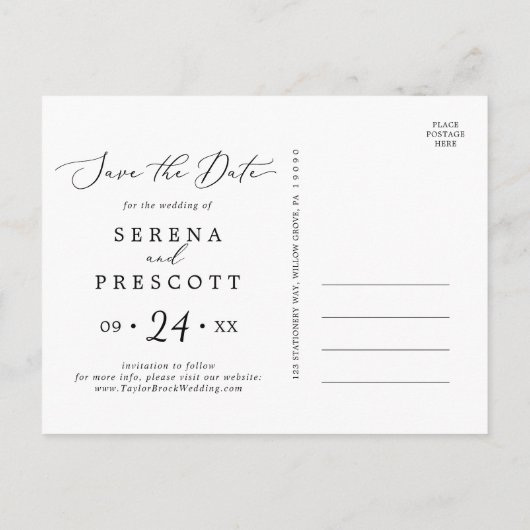 繊細な黒の水平暗い写真日付を保存 インビテーションポストカード (裏面)