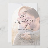 繊細な黒の色あせモダンた写真結婚アーチ 招待状 (正面)