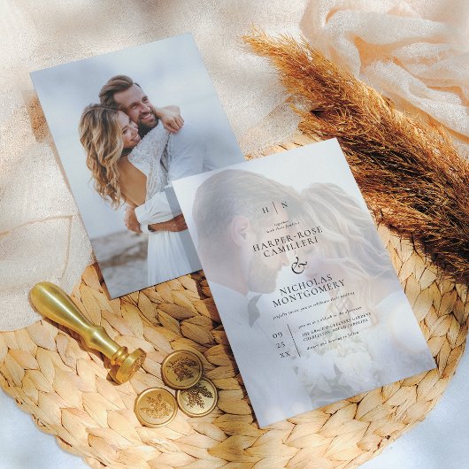 繊細な黒モノグラム書道結婚写真 招待状