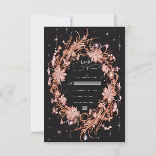 繊細な黒華美フローラ結婚ズ 出欠カード (正面)