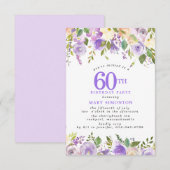繊細な60歳の誕生日パーティー 紫のバラの花 招待状 (正面/裏面)