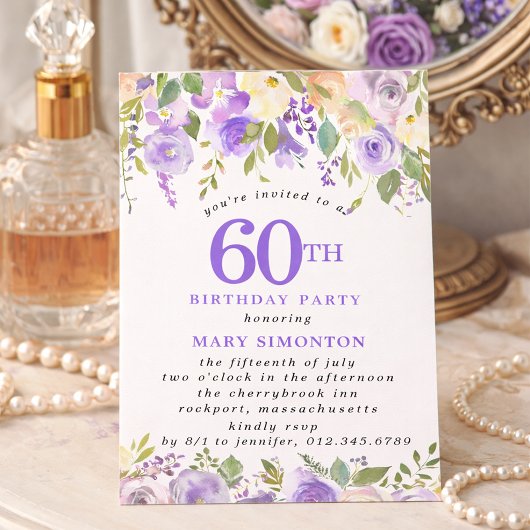 繊細な60歳の誕生日パーティー 紫のバラの花 招待状