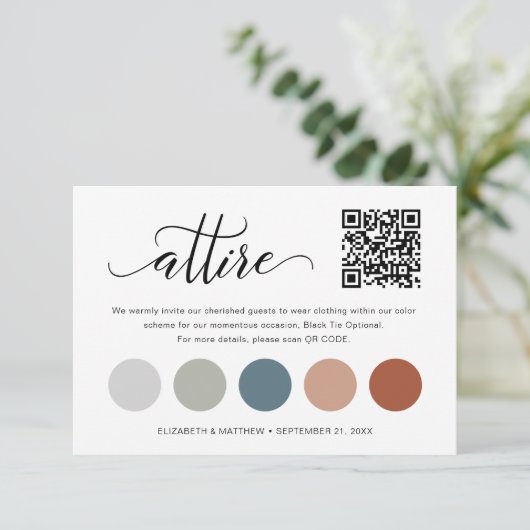 繊細なQRコード結婚のカラーパレット衣装カード エンクロージャーカード (スタンド正面)