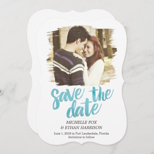 繊細に暴露された日付カードのターコイズ セーブザデート (正面/裏面)