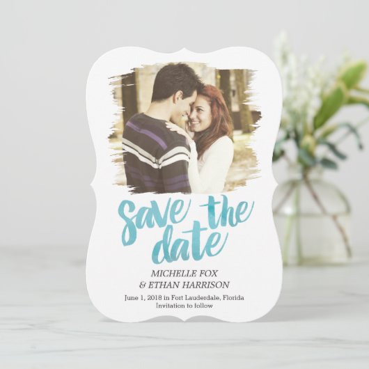 繊細に暴露された日付カードのターコイズ セーブザデート (スタンド正面)