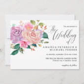 繊細エレガントなピンクのバラ結婚の花束 招待状 (正面)