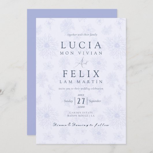 繊細エレガントな埃っぽい青い影のフローラ結婚の 招待状 (正面/裏面)