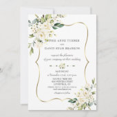 繊細エレガントな白い花の金ゴールドフレーム結婚ズ 招待状 (正面)