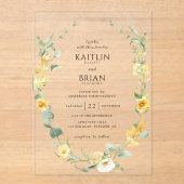 繊細エレガントな黄色のフローラリース結婚の アクリル招待状