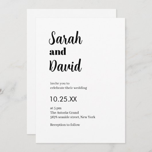 繊細モダンでシックな黒と白結婚の 招待状 (正面/裏面)