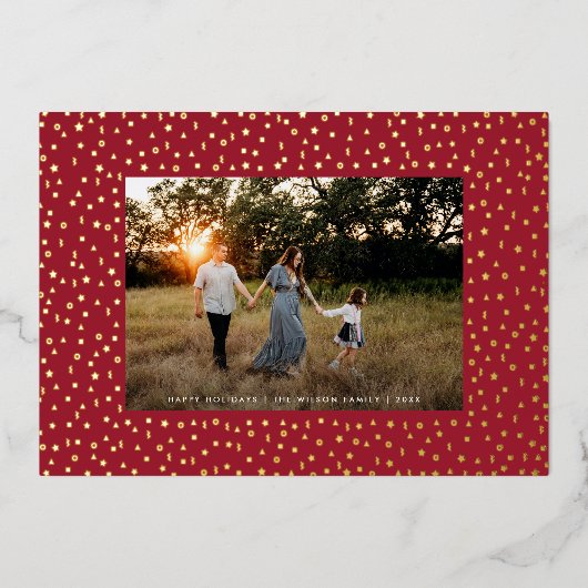 繊細モダンな幾何学模様1枚フォトレッド+金ゴールド 箔シーズンカード (正面)