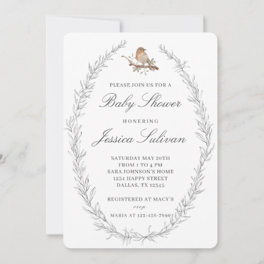 繊細モダンな鳥の赤ちゃんシャワー 招待状 (正面)