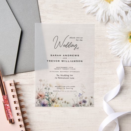 繊細素朴なボホ水彩野花 ベラム紙招待状 (ウェディング)