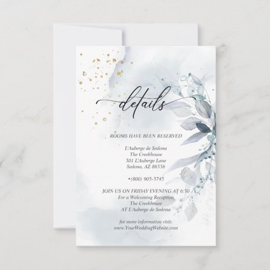 繊細2 エレガント ダスティーブルー 水彩 葉 招待状 (正面)