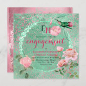 繊細 ミントグリーン ピンクゴールド ハミングバード 婚約 招待状 (正面/裏面)