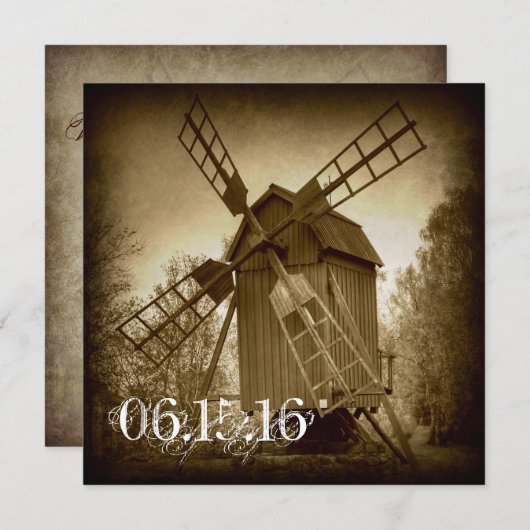 繋がれた素朴な風車の結婚式招待状を得ること 招待状 (正面/裏面)