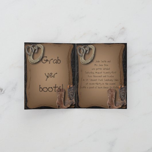 繋がれた西部のカウボーイ・ブーツの結婚を得ること 案内状 (内部)