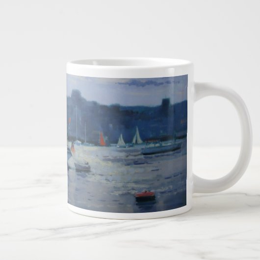 繋ぎ止められたヨットの夕方 ジャンボコーヒーマグカップ (右)