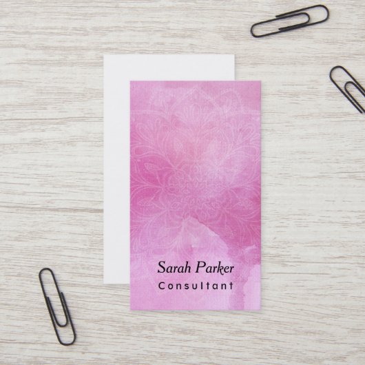 織り目加工の濃いピンクの水彩画1上の白い曼荼羅 名刺 (正面/裏面インサイチュ)