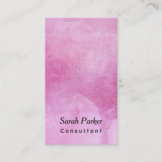織り目加工の濃いピンクの水彩画1上の白い曼荼羅 名刺 (正面)