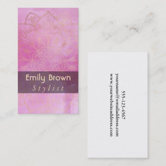 織り目加工の濃いピンクの水彩画5上の金ゴールドの曼荼羅 名刺 (正面/裏面)