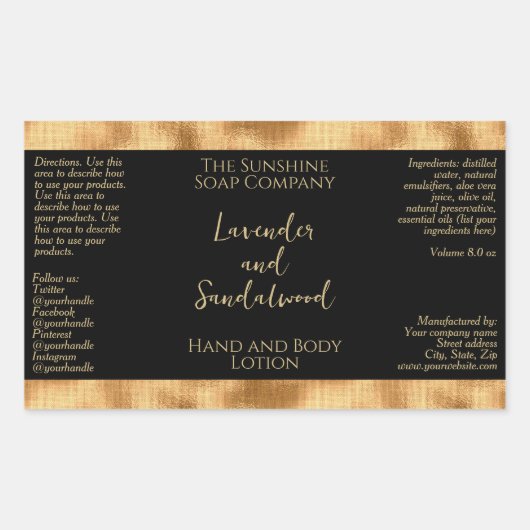 織り込まれた金箔とブラックの化粧品ボトルラベル 長方形シール (正面)