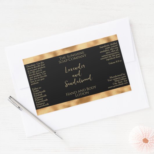 織り込まれた金箔とブラックの化粧品ボトルラベル 長方形シール (封筒)