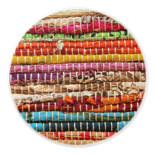 織ストライプの布ロープ織り自然 セラミックノブ (正面)