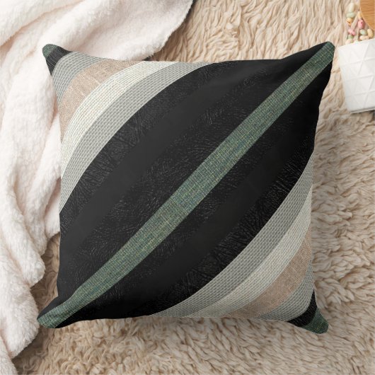 織モダン物ストライプと皮革の質感のある クッション (ブランケット)
