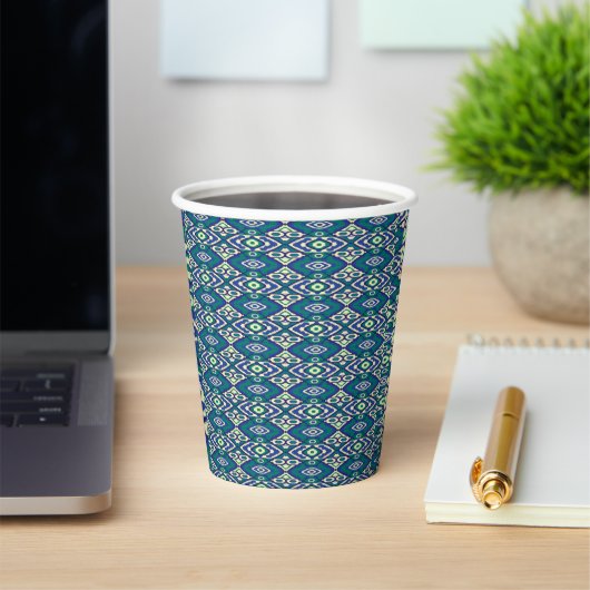 織物の青いモチーフの対称パターン 紙コップ (インサイチュ)