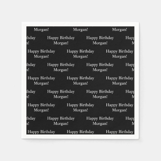 繰り返しハッピーバースデーと名前 |黒と白 スタンダードカクテルナプキン (正面)