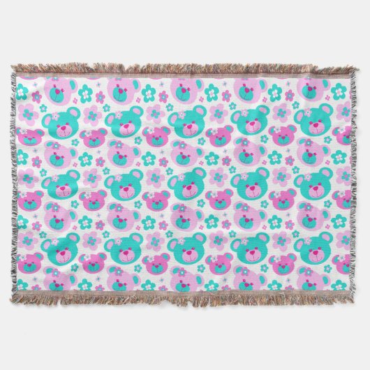 繰り返しパターンteddy bear pink aqua throw スローブランケット (正面)