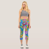 繰り返しモザイクの手描きパターンかわいい青 カプリレギンス (正面)