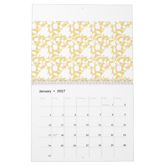 繰り返しモチーフのパターンを持つ黄色い絨毯 カレンダー (1月 2027)